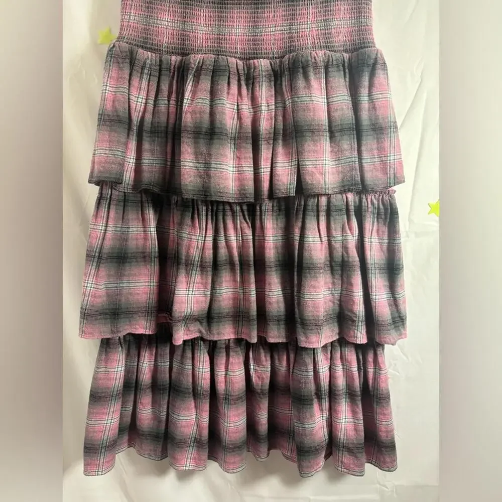 Revolve LIKELY Grey Pink Plaid Ruched Tiered 90’s Babydoll Grunge Midi Skirt M/L